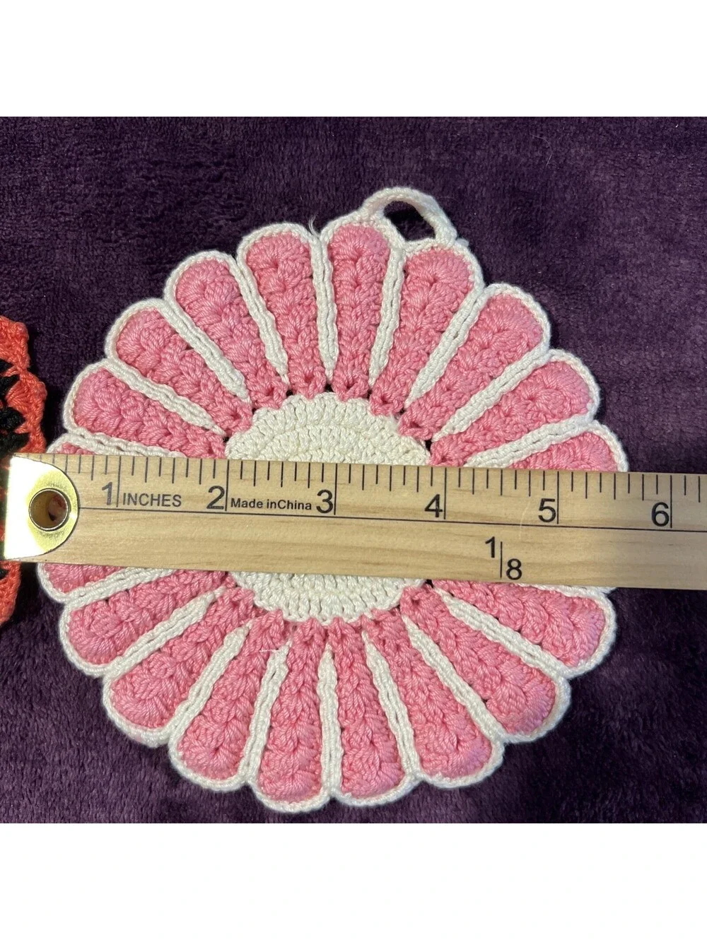 Vintage Handmade Crocheted Pot Holder Doily White Pink & Orange Green 5 1/2